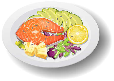 Healthy meal with salmon steak on white plate illustrationのイラスト素材
