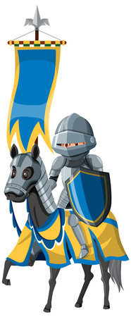 Medieval knight riding a horse on white background illustrationのイラスト素材