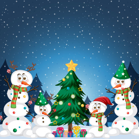 Christmas poster template with Snowman family illustrationのイラスト素材