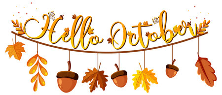 Hello October with ornate of autumn leaves illustrationのイラスト素材