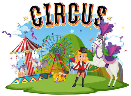 Circus logo with magician girl and horse performance illustrationのイラスト素材