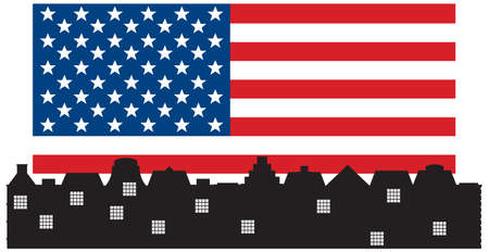 Flag of the United States with silhouette city illustrationのイラスト素材