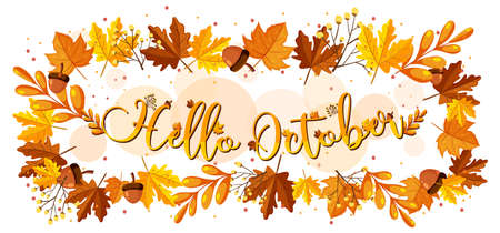 Hello October with ornate of autumn leaves frame illustrationのイラスト素材