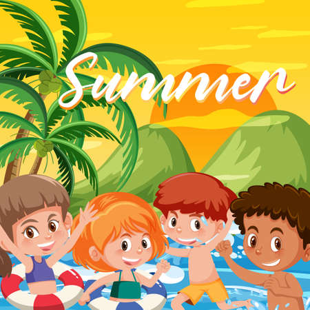 Happy children in summer theme illustrationのイラスト素材