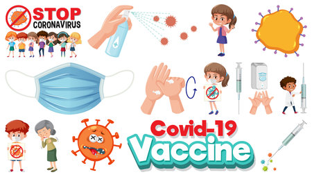 Cartoon character and Coronavirus vaccination isolated objects illustrationのイラスト素材