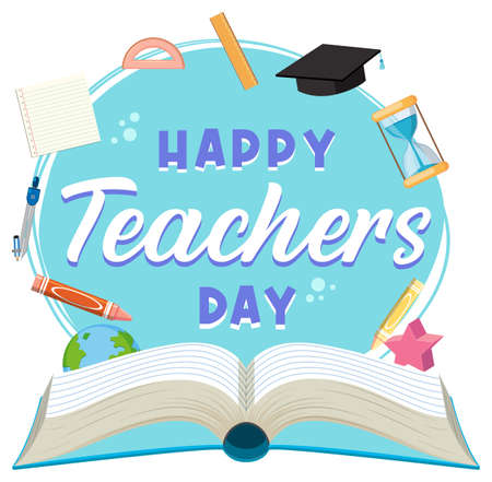 Happy Teacher's Day banner with school objects illustrationのイラスト素材