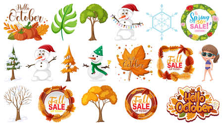 Set of four seasons trees and nature objects illustrationのイラスト素材