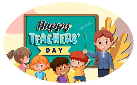 Teacher's Day banner with a teacher and students illustrationのイラスト素材