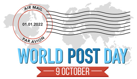 World Post Day word logo with postmark on world map illustration