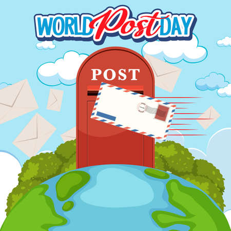 World Post Day word logo with a postbox on earth illustrationのイラスト素材
