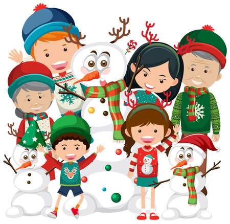 Happy family in Christmas theme with snowman illustrationのイラスト素材