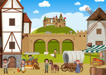 Ancient medieval village scene with villagers illustrationのイラスト素材