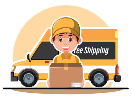 Courier holding a package with delivery panel van illustrationのイラスト素材