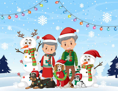 Elderly couple celebrating christmas winter outdoor illustrationのイラスト素材