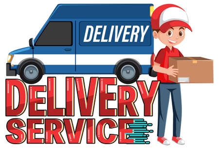 Delivery Service wordmark with courier delivering packages illustrationのイラスト素材