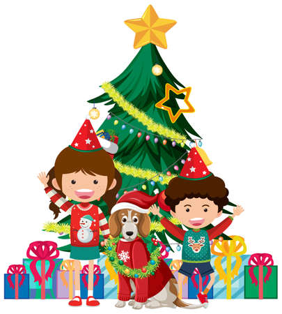 Children with beagle dog wearing Christmas outfits illustrationのイラスト素材