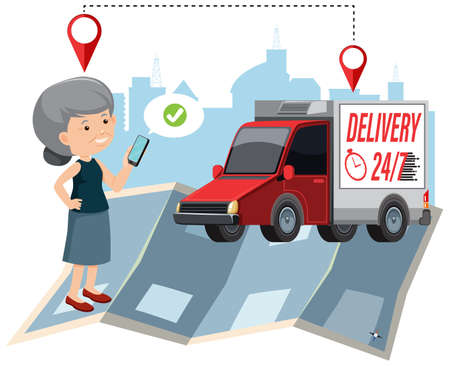 Old woman with delivery panel van and location pins illustrationのイラスト素材