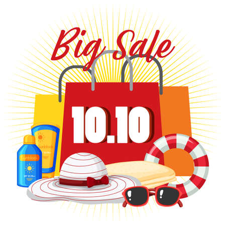 10.10 Big Sale banner with shopping objects illustrationのイラスト素材
