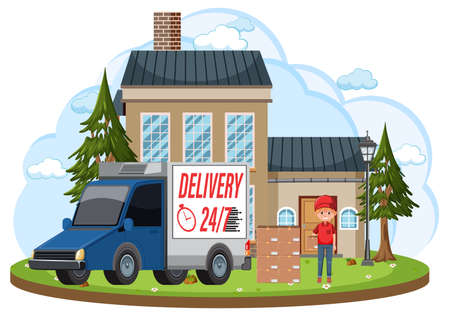 Courier delivering packages standing in front of house illustrationのイラスト素材