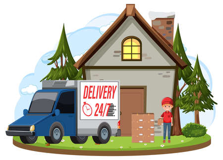Courier delivering packages standing in front of house illustrationのイラスト素材