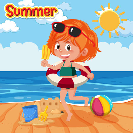 Happy girl in summer beach theme illustrationのイラスト素材