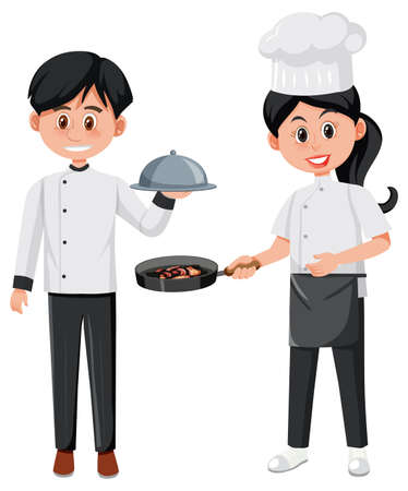 Chef and waiter cartoon character on white background illustrationのイラスト素材