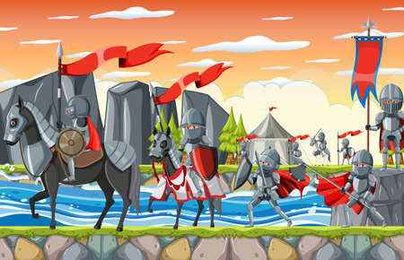 Nature outdoor scene with medieval army illustrationのイラスト素材