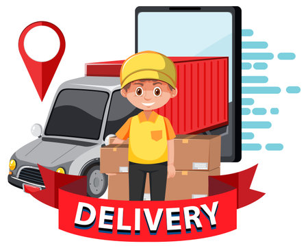 Courier holding a package with delivery panel van illustrationのイラスト素材