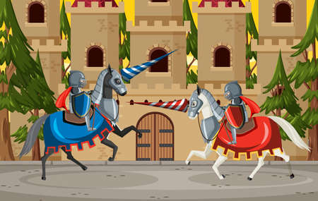 Two medieval knights fighting together illustrationのイラスト素材