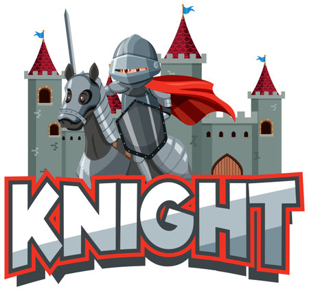 Knight font logo with a medieval knight in cartoon style illustrationのイラスト素材