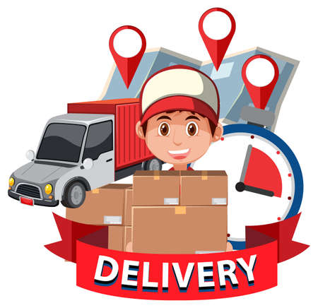 Delivery banner with courier holding boxes illustrationのイラスト素材