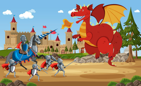 Medieval warriors fighting with ancient dragon illustrationのイラスト素材