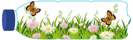 Save planet concept with flower field and butterfly in plastic bottle illustrationのイラスト素材