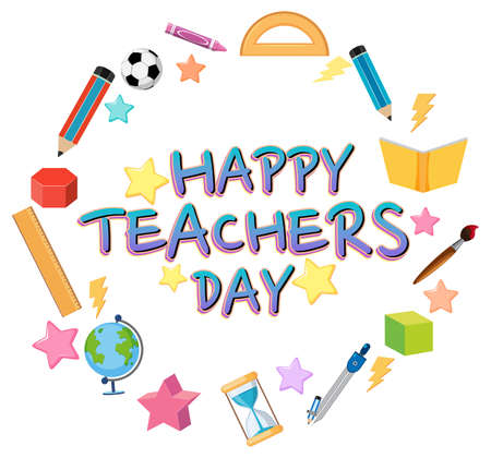 Happy Teacher's Day poster with school objects illustrationのイラスト素材