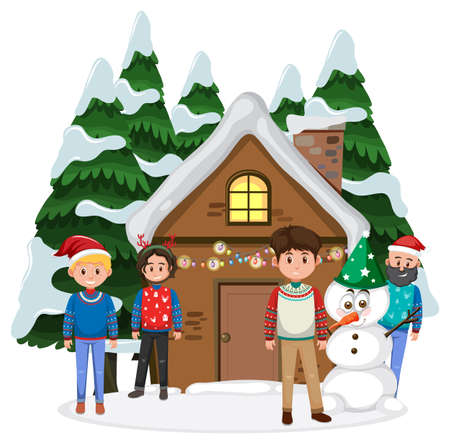 Four young men standing in front of winter house illustrationのイラスト素材