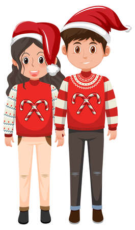 Couple man and woman wearing Christmas outfits illustrationのイラスト素材