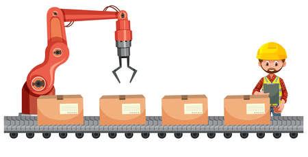 Engineer controlling robot packing in factory illustrationのイラスト素材