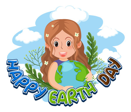 Happy Earth Day banner design with a girl hugging earth globe illustrationのイラスト素材