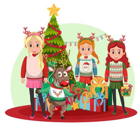 Three girls celebrating Christmas with a reindeer illustrationのイラスト素材