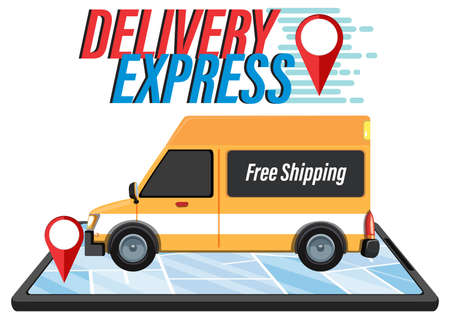 Delivery Express logotype with panel van on smartphone illustrationのイラスト素材