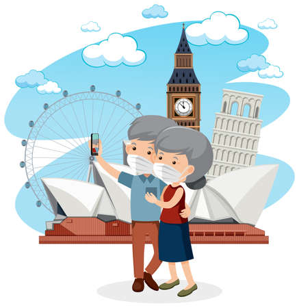 Old couple with travel during covid-19  illustrationのイラスト素材