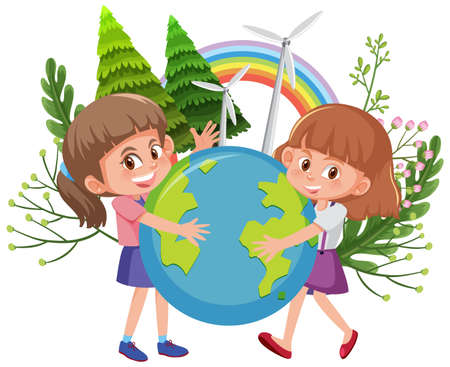 Two girls hugging earth globe togetherin cartoon style illustrationのイラスト素材