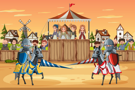 Medieval knight jousting tournament scene illustrationのイラスト素材