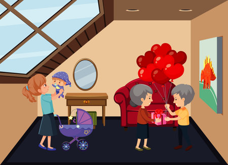 Garret room scene with family members illustrationのイラスト素材