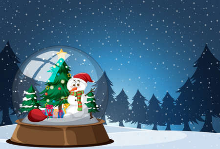 Snowman in snowdome on snow falling background illustrationのイラスト素材