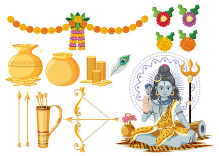 Indian set with god and offerings illustrationのイラスト素材