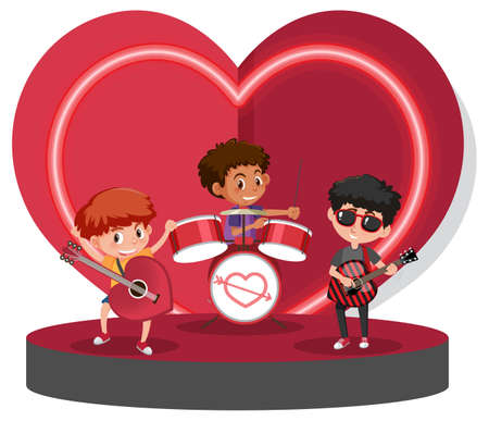 Three kids playing music on heart stage illustrationのイラスト素材