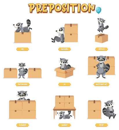 Prepostion wordcard design with raccoon and boxes illustrationのイラスト素材