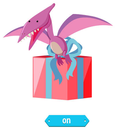 Prepostion wordcard design with dinosaur on box illustrationのイラスト素材