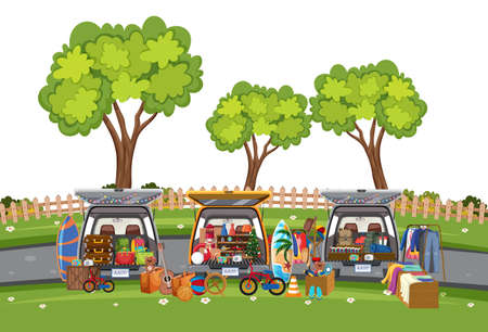 Flea market scene on white background illustrationのイラスト素材
